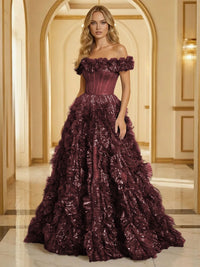 Glitter Tulle Off Shoulder Tiered Ruffles Evening Dresses A-Line Ruched Corset Maxi Ball Gowns with Cathedral Train