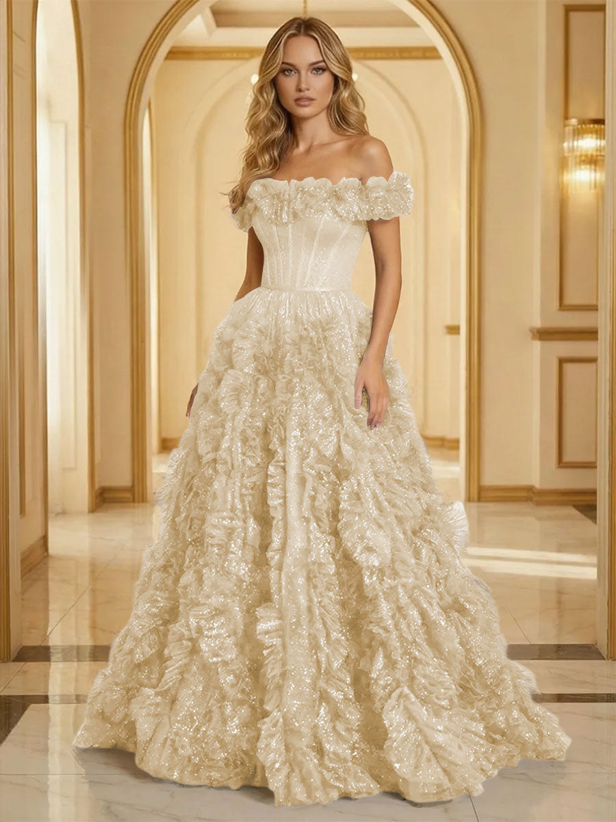 Glitter Tulle Off Shoulder Tiered Ruffles Evening Dresses A-Line Ruched Corset Maxi Ball Gowns with Cathedral Train