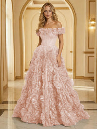 Glitter Tulle Off Shoulder Tiered Ruffles Evening Dresses A-Line Ruched Corset Maxi Ball Gowns with Cathedral Train