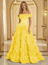 Glitter Tulle Off Shoulder Tiered Ruffles Evening Dresses A-Line Ruched Corset Maxi Ball Gowns with Cathedral Train