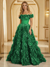 Glitter Tulle Off Shoulder Tiered Ruffles Evening Dresses A-Line Ruched Corset Maxi Ball Gowns with Cathedral Train