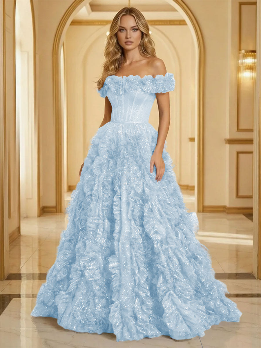 Glitter Tulle Off Shoulder Tiered Ruffles Evening Dresses A-Line Ruched Corset Maxi Ball Gowns with Cathedral Train