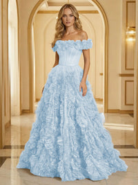 Glitter Tulle Off Shoulder Tiered Ruffles Evening Dresses A-Line Ruched Corset Maxi Ball Gowns with Cathedral Train