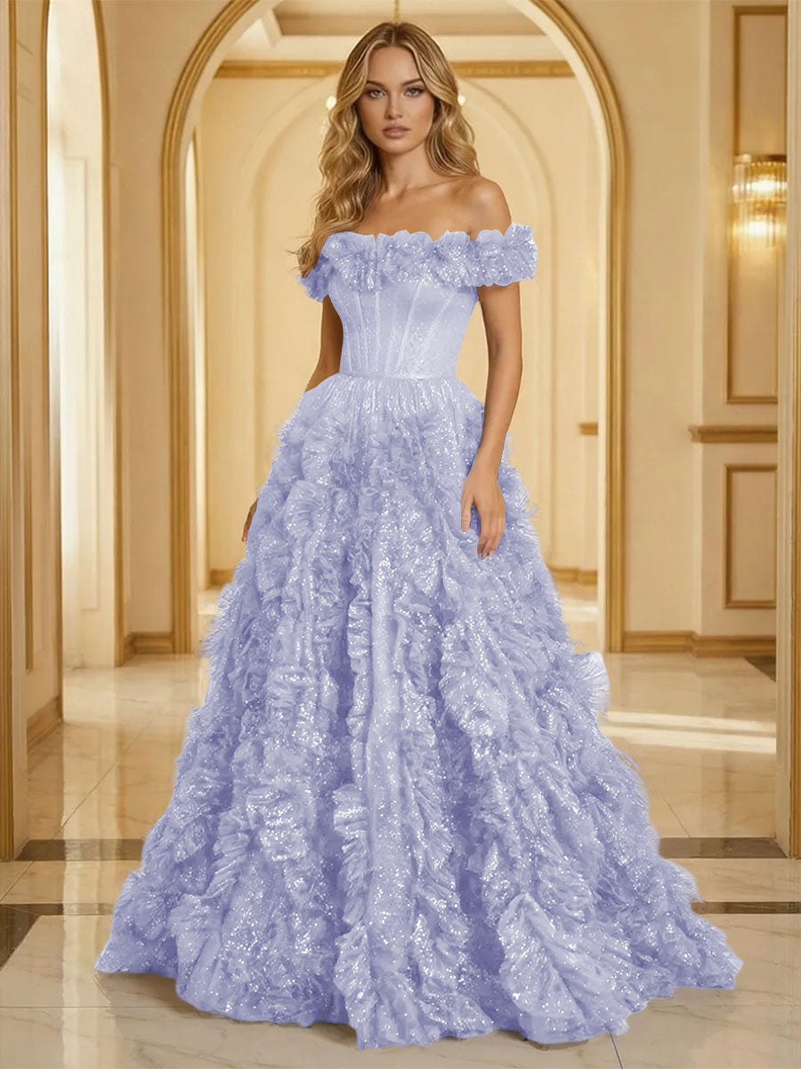 Glitter Tulle Off Shoulder Tiered Ruffles Evening Dresses A-Line Ruched Corset Maxi Ball Gowns with Cathedral Train
