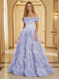 Glitter Tulle Off Shoulder Tiered Ruffles Evening Dresses A-Line Ruched Corset Maxi Ball Gowns with Cathedral Train
