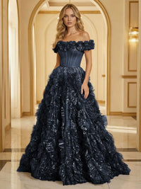 Glitter Tulle Off Shoulder Tiered Ruffles Evening Dresses A-Line Ruched Corset Maxi Ball Gowns with Cathedral Train