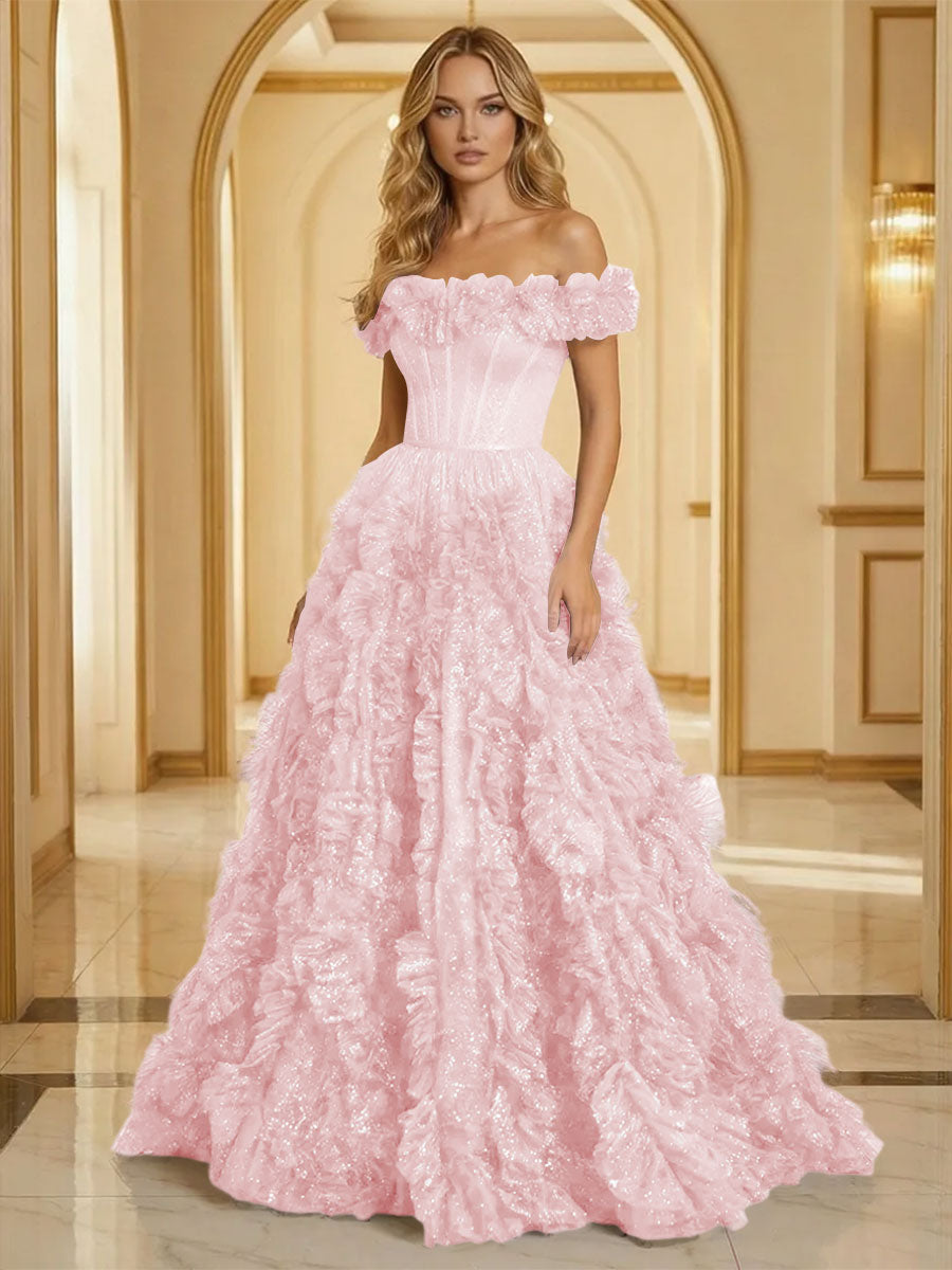 Glitter Tulle Off Shoulder Tiered Ruffles Evening Dresses A-Line Ruched Corset Maxi Ball Gowns with Cathedral Train
