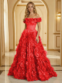 Glitter Tulle Off Shoulder Tiered Ruffles Evening Dresses A-Line Ruched Corset Maxi Ball Gowns with Cathedral Train