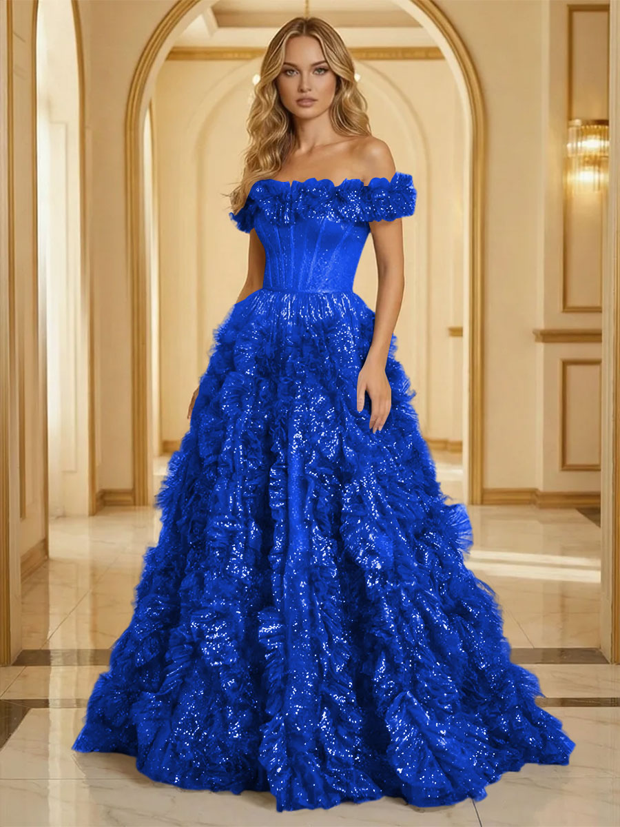 Glitter Tulle Off Shoulder Tiered Ruffles Evening Dresses A-Line Ruched Corset Maxi Ball Gowns with Cathedral Train