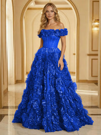Glitter Tulle Off Shoulder Tiered Ruffles Evening Dresses A-Line Ruched Corset Maxi Ball Gowns with Cathedral Train