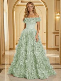 Glitter Tulle Off Shoulder Tiered Ruffles Evening Dresses A-Line Ruched Corset Maxi Ball Gowns with Cathedral Train