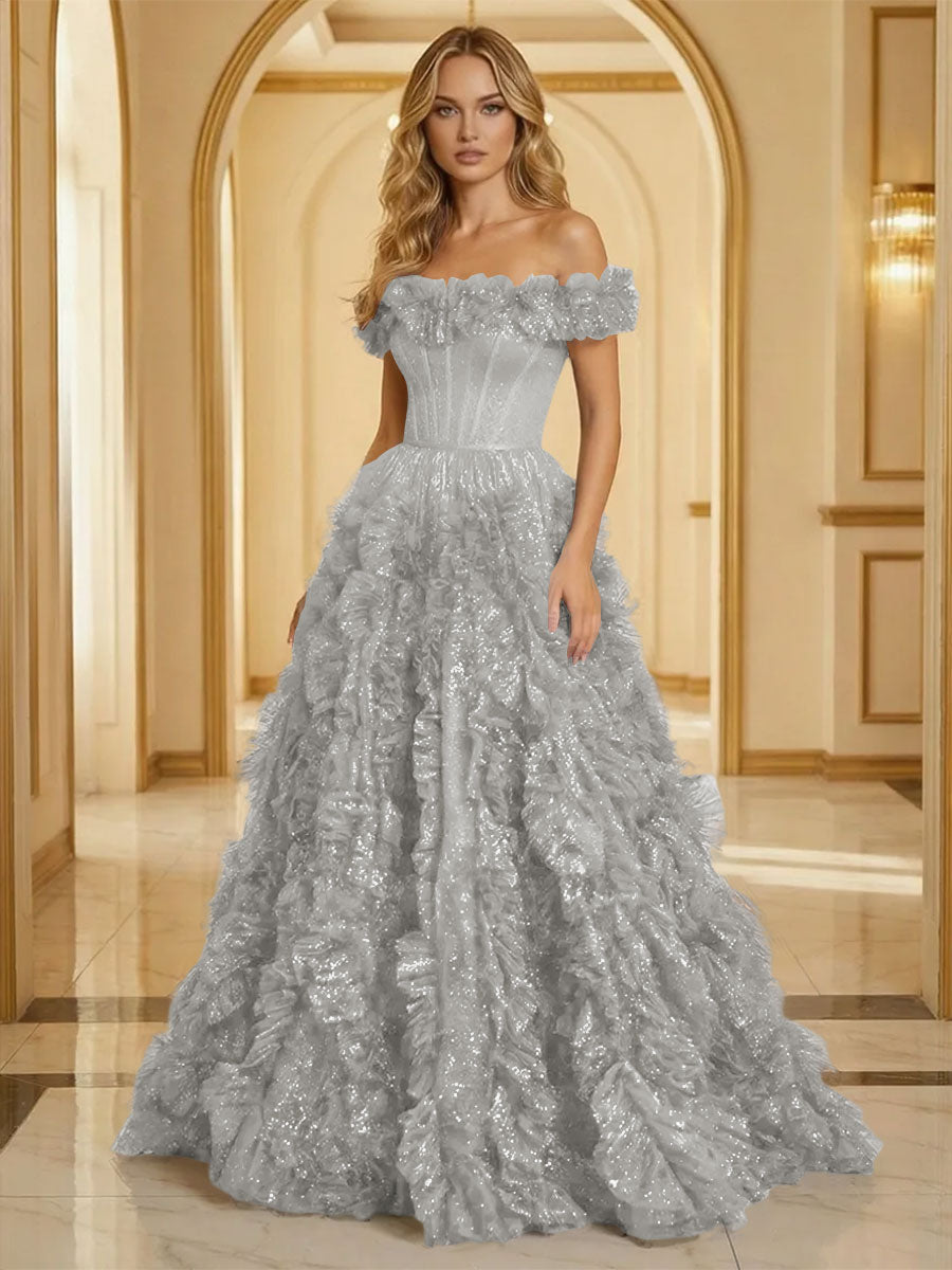 Glitter Tulle Off Shoulder Tiered Ruffles Evening Dresses A-Line Ruched Corset Maxi Ball Gowns with Cathedral Train
