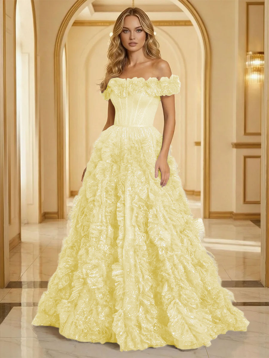 Glitter Tulle Off Shoulder Tiered Ruffles Evening Dresses A-Line Ruched Corset Maxi Ball Gowns with Cathedral Train