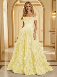 Glitter Tulle Off Shoulder Tiered Ruffles Evening Dresses A-Line Ruched Corset Maxi Ball Gowns with Cathedral Train