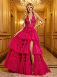 Glitter Tulle Halter Deep V-Neck Tiered Ruffles High Slit Prom Dresses A-Line Ruched Corset Maxi Ball Gowns with Rhinestones