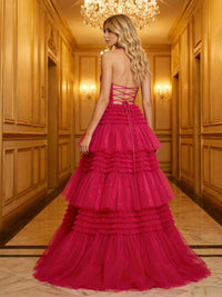 Glitter Tulle Halter Deep V-Neck Tiered Ruffles High Slit Prom Dresses A-Line Ruched Corset Maxi Ball Gowns with Rhinestones