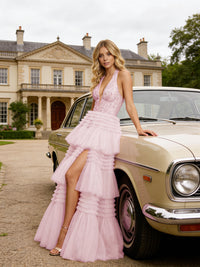 Glitter Tulle Halter Deep V-Neck Tiered Ruffles High Slit Prom Dresses A-Line Ruched Corset Maxi Ball Gowns with Rhinestones