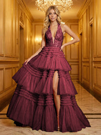 Glitter Tulle Halter Deep V-Neck Tiered Ruffles High Slit Prom Dresses A-Line Ruched Corset Maxi Ball Gowns with Rhinestones