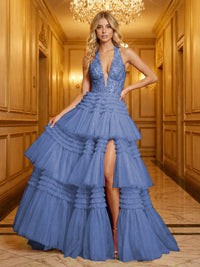 Glitter Tulle Halter Deep V-Neck Tiered Ruffles High Slit Prom Dresses A-Line Ruched Corset Maxi Ball Gowns with Rhinestones