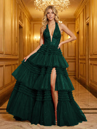 Glitter Tulle Halter Deep V-Neck Tiered Ruffles High Slit Prom Dresses A-Line Ruched Corset Maxi Ball Gowns with Rhinestones