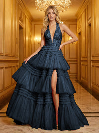Glitter Tulle Halter Deep V-Neck Tiered Ruffles High Slit Prom Dresses A-Line Ruched Corset Maxi Ball Gowns with Rhinestones