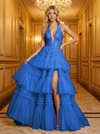 Glitter Tulle Halter Deep V-Neck Tiered Ruffles High Slit Prom Dresses A-Line Ruched Corset Maxi Ball Gowns with Rhinestones