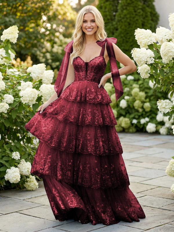 Tulle Spaghetti Straps Sweetheart Tiered Ruffles Prom Dresses A-Line Ruched Corset Maxi Ball Gowns with 3D Lace Appliques