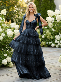 Tulle Spaghetti Straps Sweetheart Tiered Ruffles Prom Dresses A-Line Ruched Corset Maxi Ball Gowns with 3D Lace Appliques