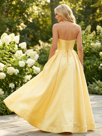 Satin Strapless Sweetheart Ruched Prom Dresses A-Line Corset Maxi Ball Gowns