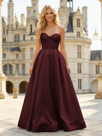 Satin Strapless Sweetheart Ruched Prom Dresses A-Line Corset Maxi Ball Gowns