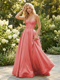 Satin Strapless Sweetheart Ruched Prom Dresses A-Line Corset Maxi Ball Gowns