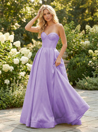 Satin Strapless Sweetheart Ruched Prom Dresses A-Line Corset Maxi Ball Gowns