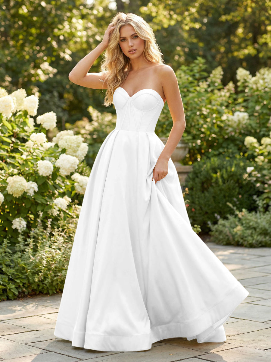 Satin Strapless Sweetheart Ruched Prom Dresses A-Line Corset Maxi Ball Gowns