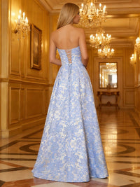 Satin Jacquard Strapless Prom Dresses A-Line Maxi Evening Party Ball Gowns with Slit