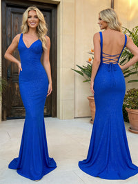 Sparkly Sequin Deep V-Neck Mermaid Prom Dresses with Train