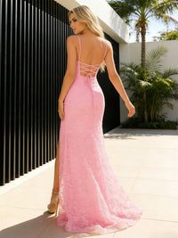 Lace Tulle Sheath Spaghetti Straps Prom Dress with Sweep Train & High Slit