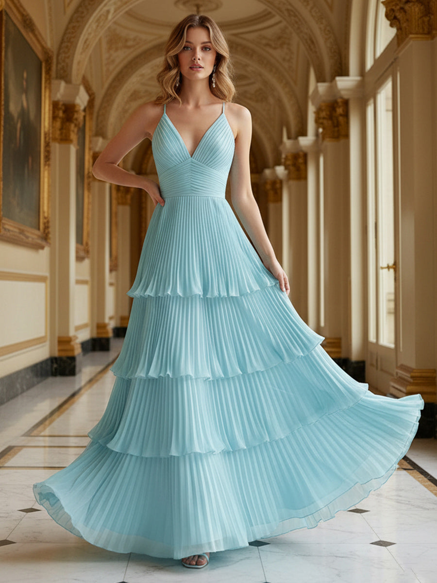 Chiffon Spaghetti Straps Deep V-Neck Pleated Formal Dresses A-Line Tiered Maxi Evening Party Gowns