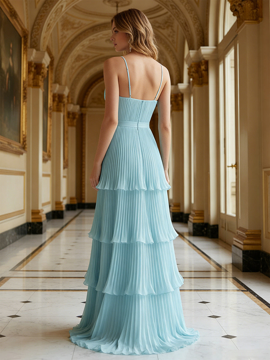 Chiffon Spaghetti Straps Deep V-Neck Pleated Formal Dresses A-Line Tiered Maxi Evening Party Gowns