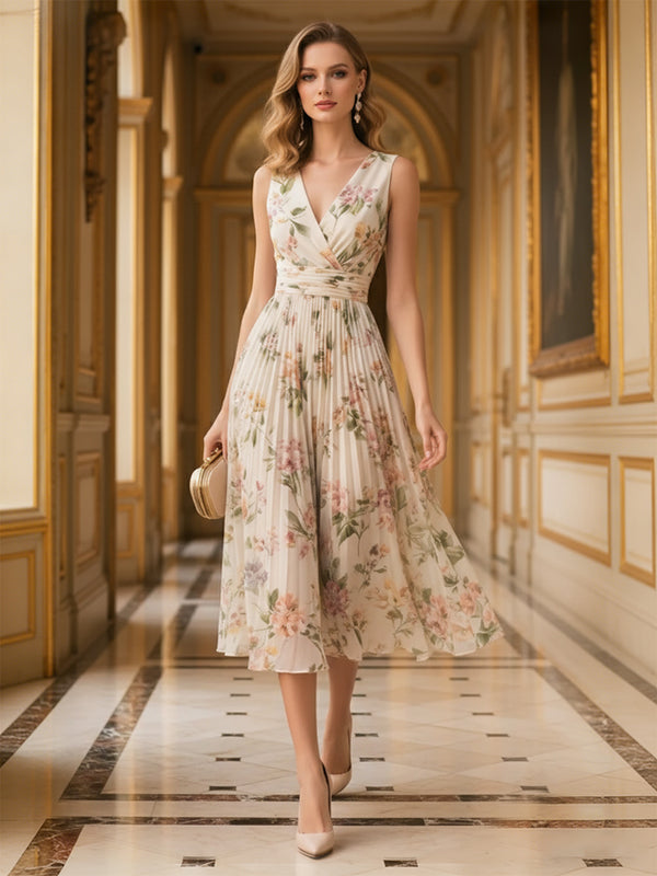 Chiffon Floral V-Neck Pleated Spring Dresses A-Line Midi-Length Wedding Guest Gowns