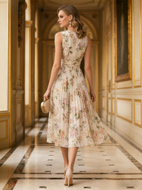 Chiffon Floral V-Neck Pleated Spring Dresses A-Line Midi-Length Wedding Guest Gowns