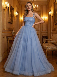 Tulle Spaghetti Straps Ruched Bow Prom Dresses A-Line Maxi Evening Party Gowns with 3D Floral Appliques