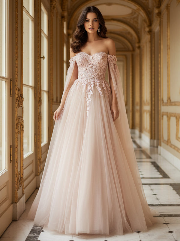 Tulle Off Shoulder Sweetheart Pleated Prom Dresses A-Line Maxi Ball Gowns with Lace Appliques
