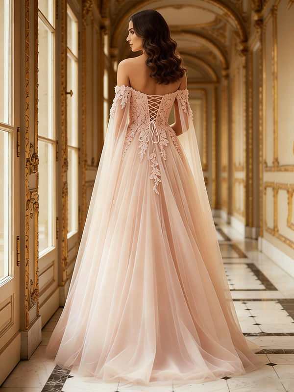 Tulle Off Shoulder Sweetheart Pleated Prom Dresses A-Line Maxi Ball Gowns with Lace Appliques