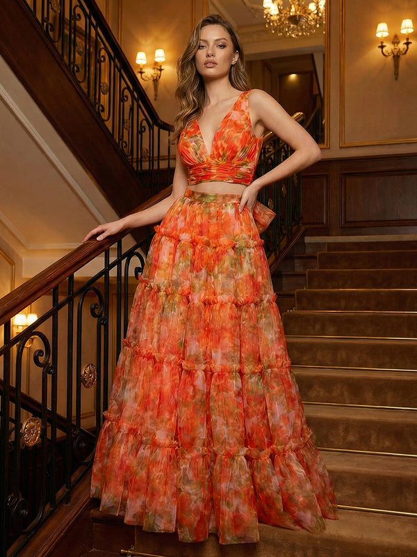 Organza Floral Ruched V-Neck Prom Dresses A-Line Tiered Ruffles Maxi Evening Party Gowns with Bow