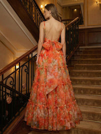 Organza Floral Ruched V-Neck Prom Dresses A-Line Tiered Ruffles Maxi Evening Party Gowns with Bow