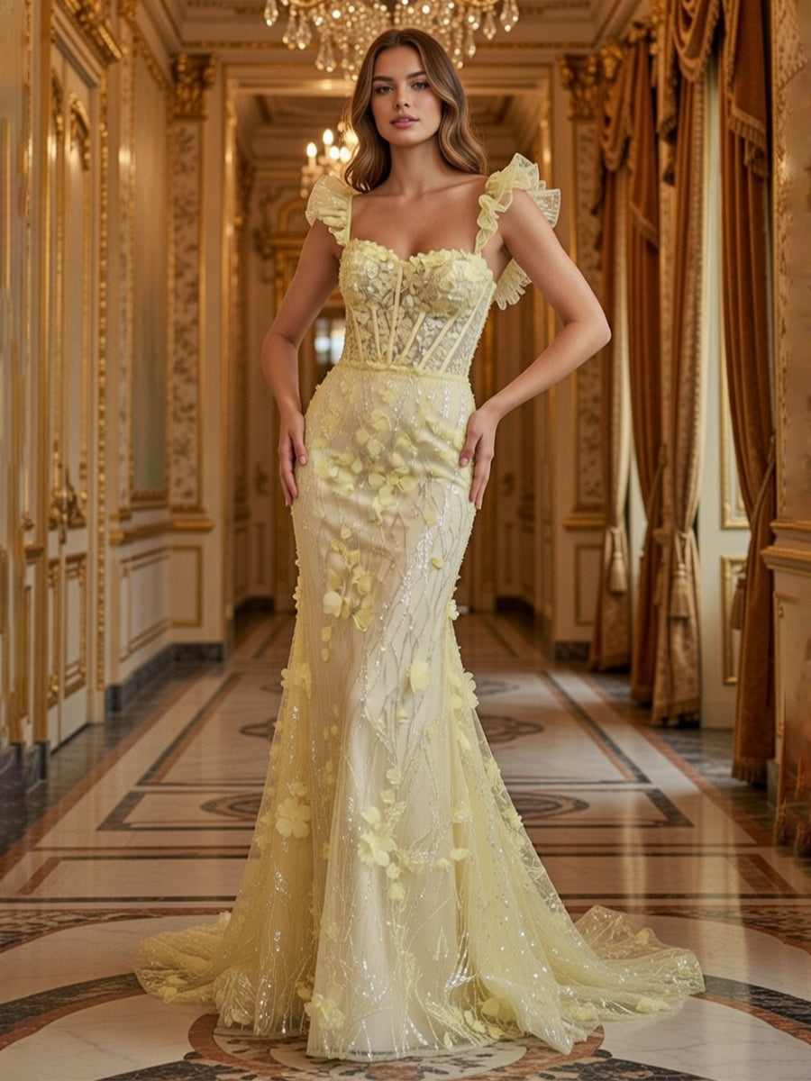 Glitter Tulle Ruffled Sleeves Sweetheart Ruched Corset Prom Dresses Mermaid Maxi Evening Party Gowns with 3D Floral Appliques