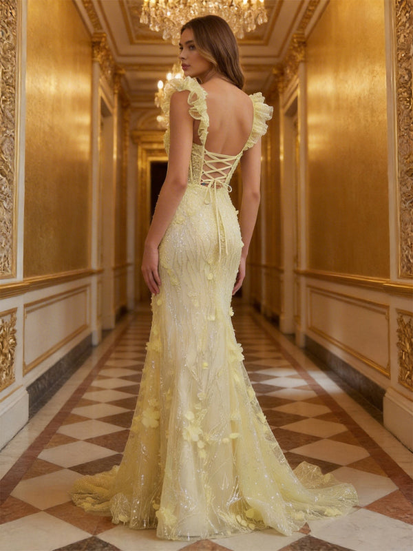 Glitter Tulle Ruffled Sleeves Sweetheart Ruched Corset Prom Dresses Mermaid Maxi Evening Party Gowns with 3D Floral Appliques