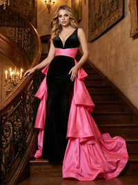 Satin Velvet Deep V-Neck Asymmetric Ruffled Mermaid Maxi Evening Party Gowns with Sweep Train
