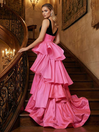 Satin Velvet Deep V-Neck Asymmetric Ruffled Mermaid Maxi Evening Party Gowns with Sweep Train