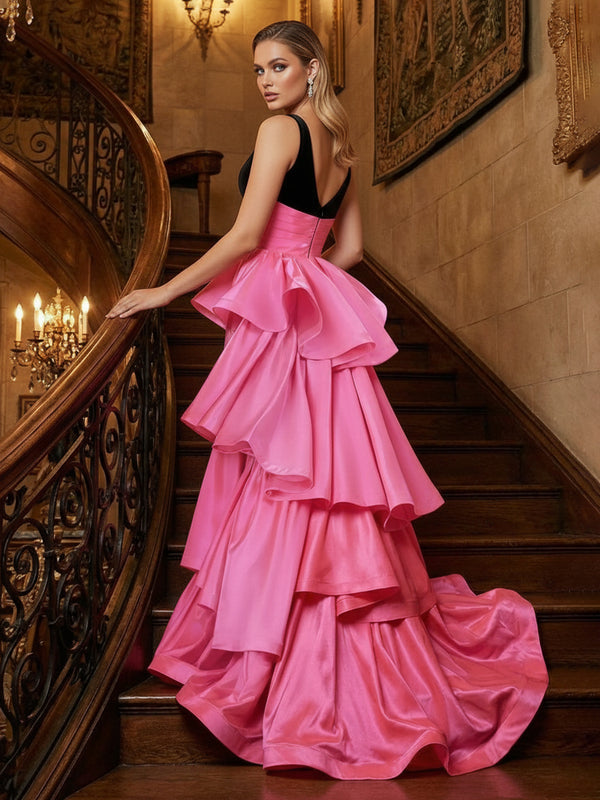 Satin Velvet Deep V-Neck Asymmetric Ruffled Mermaid Maxi Evening Party Gowns with Sweep Train